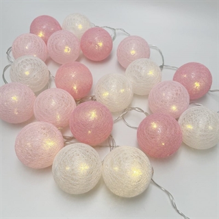 LED lyskæde med 20 lyserøde og hvide bomuldskugler – 3 m, 20 lys, Ø 6 cm